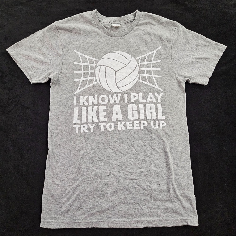 Volleyball Play Like a Girl Gray Short Sleeve Cotton Blend T-Shirt Men's S